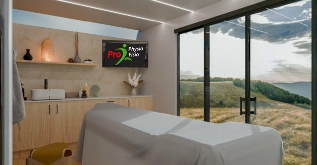 A fitted-out Pod interior, treatment bed facing the glass doors